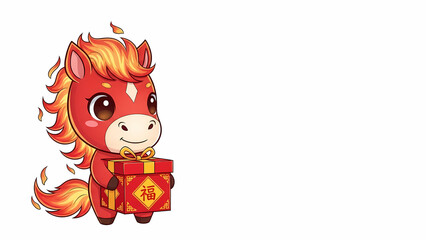 Chibi fire horse holding gift box, flame mane glowing softly