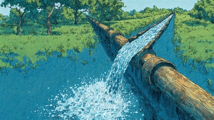 A vibrant illustration depicts a flowing water channel made of wooden logs, transporting liquid from higher ground into a body of water