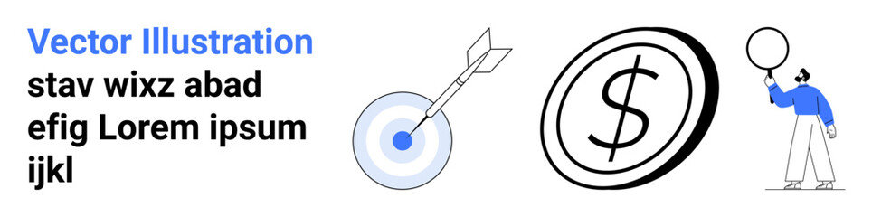 Target with arrow for focus, large dollar coin for wealth, person holding balloon for aspiration. Ideal for business, finance, success, planning, goals, creativity simple landing page © robu_s