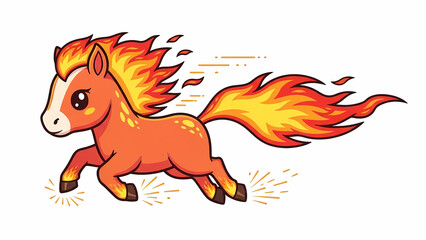 Adorable fire horse running happily with flame trail behind energetic pose chibi proportions glowing flame mane