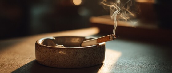 Cigarette in ashtray with smoke