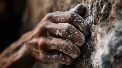 Close up of rock climbers hand gripping rock surface