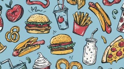 A vibrant illustration showcasing various delicious food items like burgers, fries, pizza, hotdogs, and pretzels scattered on a light blue background