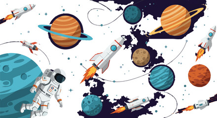 A vibrant illustration depicting an astronaut floating in space amidst planets, rockets, and stars, showcasing a cosmic adventure.