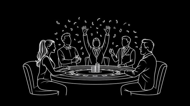 Black and White Line Art Casino Scene &ndash; Five People Around Roulette Table with Central Figure Celebrating Win