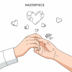 Illustration of a couple's hands touching with broken heart drawings floating above on a white background, conveying love and valentine theme.