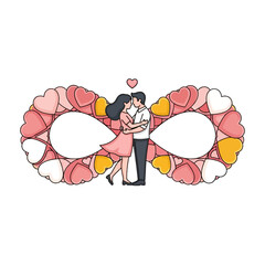 Illustration of a romantic couple kissing surrounded by colorful hearts in a whimsical design on a white background.