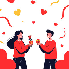 Illustration of a couple exchanging gifts on Valentine's Day with hearts and confetti