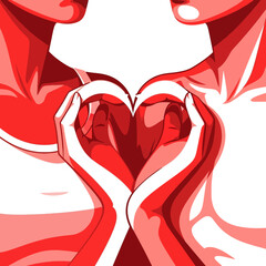 Illustration of a couple forming a heart shape with their hands in a red and white color scheme for Valentine's Day.