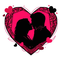 A romantic couple silhouette sharing a tender kiss within a stylized heart design on Valentine's Day.