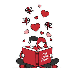 Illustration of a couple reading a red book with hearts and ladybugs floating above on a white background.