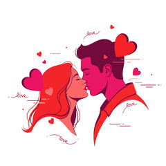 Illustration of a romantic couple sharing a tender kiss surrounded by floating hearts and love text in a whimsical, hand-drawn style with a sweet and affectionate mood.