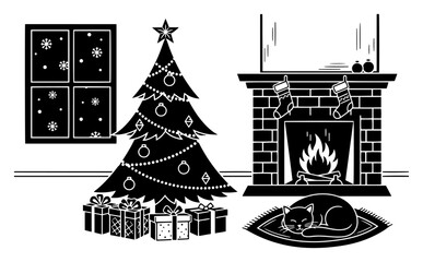 Cozy Christmas living room with sleeping cat near fireplace and decorated tree