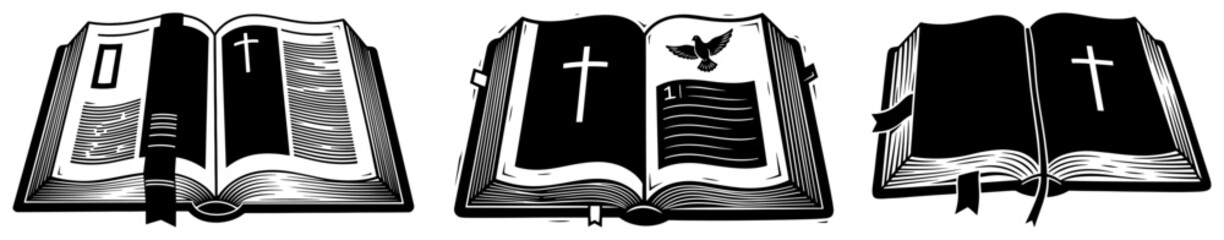 Set of open holy bible books with cross and dove illustrations in vintage style