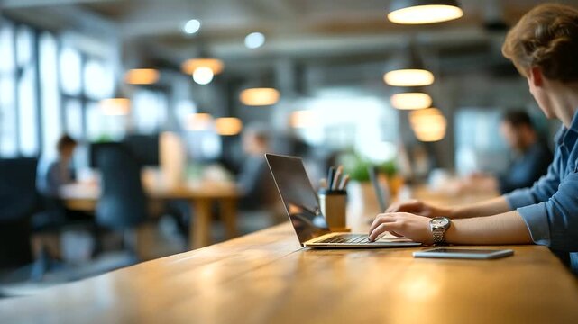 Flexible workspace with adaptable zones faceless employees defocused modern office remote option environment comfort workspace display location flexibility scene with copy