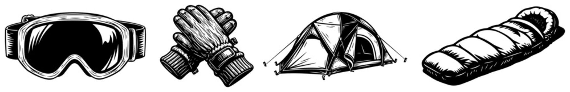Winter expedition equipment set featuring tent gloves goggles and sleeping bag