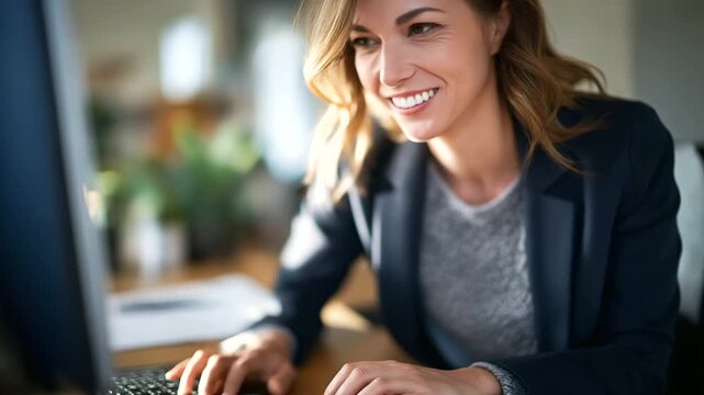 Professional at computer in residential workspace faceless individual soft home office research activity scene positive mood display virtual assistance visual administrative