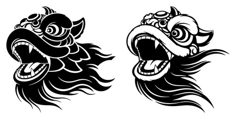Obraz premium Two stylized chinese lion dance heads with open mouths vector illustration