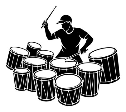 Silhouette of a male percussionist playing multiple drums with sticks