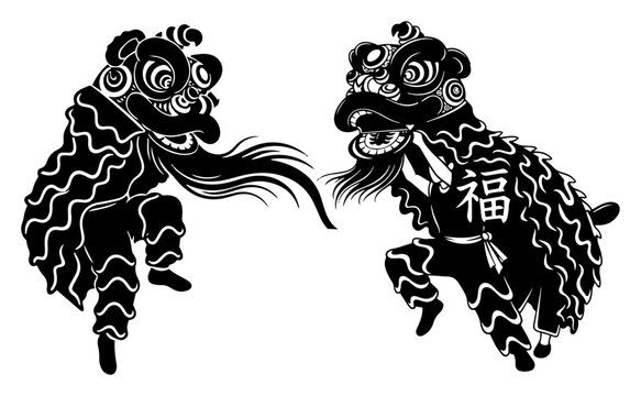 Traditional chinese lion dance performers illustration in black silhouette style