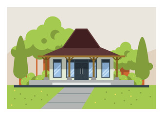 Modern minimalist house with Javanese joglo roof. Simple flat illustration.
