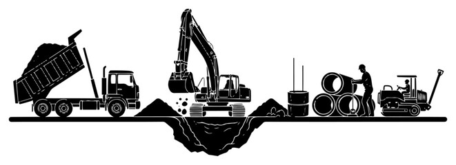 Construction site panorama with excavator truck and road workers © Camel