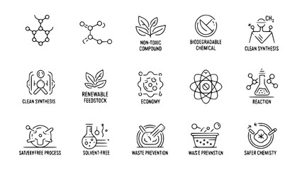 Chemical structures illustrate sustainable chemistry practices on white or eco molecules demonstrate greener technology methods on backdrop