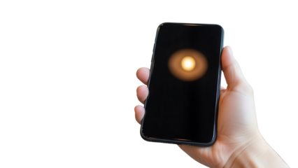 Hand presenting a mobile device with empty screen in a modern cafe with soft focus background  Isolated on Transparent Background