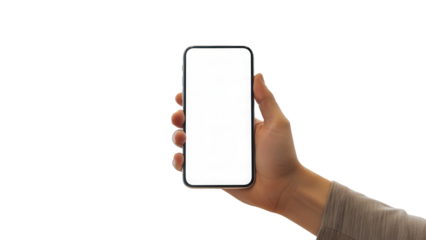 Hand presenting a mobile phone mockup with white screen in a modern shared workspace  Isolated on Transparent Background
