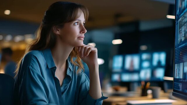 Manager conducting video discussion about project faceless organizational worker soft workplace interior screen conversation scene team coordination visual digital meeting par