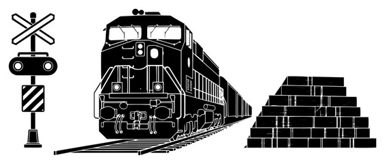 Diesel freight train locomotive on tracks with crossing signal and cargo stack © Camel