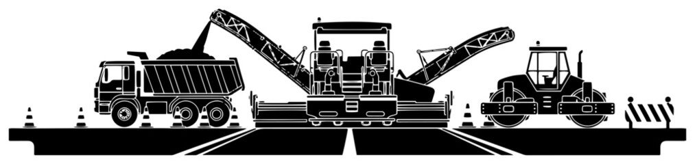 Road construction scene with asphalt paver dump truck and steamroller machine © Camel