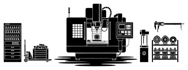 Modern cnc machine center in factory workshop with tools and equipment