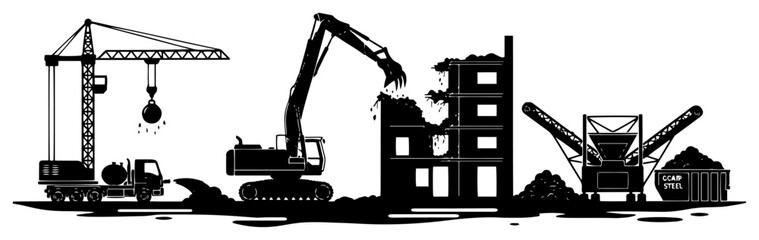 Building demolition site featuring heavy excavator and wrecking ball crane © Camel