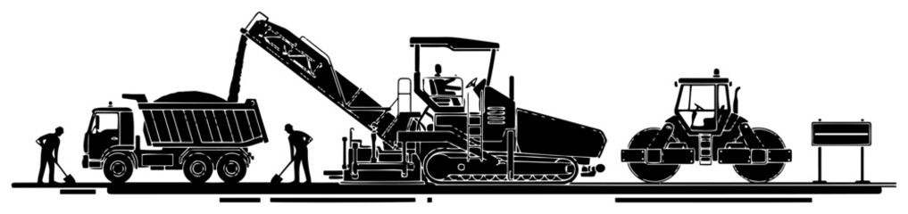 Road construction crew paving asphalt with heavy machinery dump truck and roller © Camel