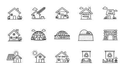 Houses sketches showcase environmentally conscious building designs on white background or ecological home collection displays sustainable architecture on clean background
