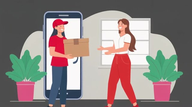 Delivery person handing package to woman in front of smartphone screen