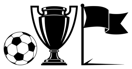Soccer ball next to championship trophy cup and corner flag © Camel
