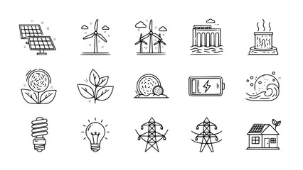 Renewable energy icons depict sustainable resources or Eco energy icons represent alternative power sources