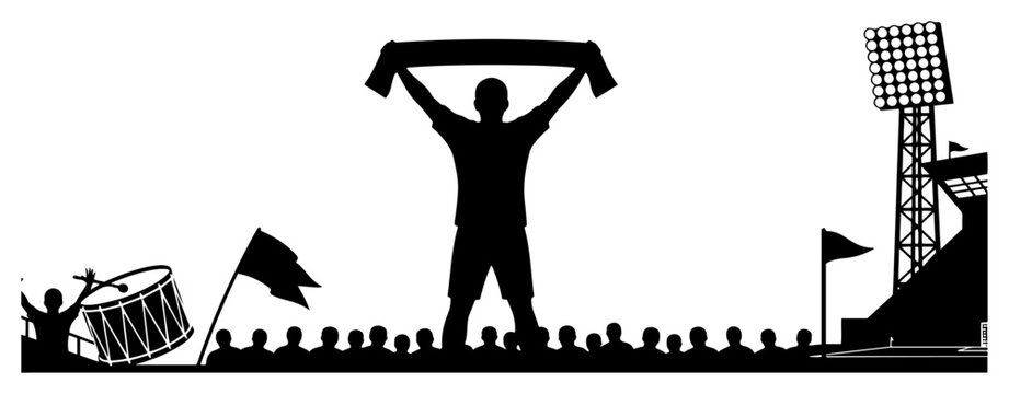 Silhouette of football fan holding scarf and cheering with drum in stadium
