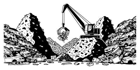 Industrial crane lifting scrap metal in a car junkyard with piles of wrecked vehicles
