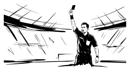 Football referee holding up a penalty card during a sport match
