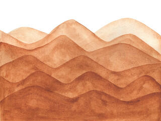 Watercolor wavy layered brown desert sand hills border background. Abstract hand painting terracotta earth color watercolour mountains for nature banner, dune poster design