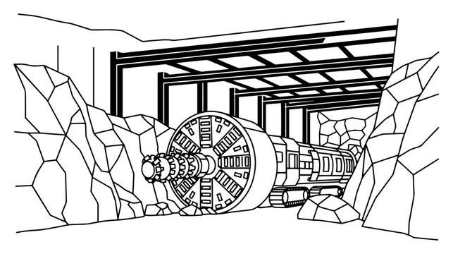 Large tunnel boring machine drilling through rock underground for subway construction project