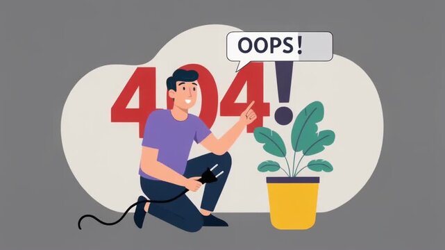 Illustration of Man with 404 Error and Plant in Modern Style