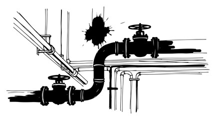 Industrial oil and gas pipes with valves and ink splash illustration