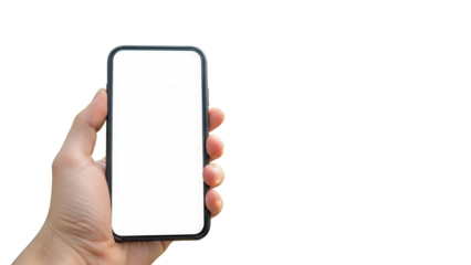 Hand holding smartphone with white screen in front of blurred botanical garden Isolated on Transparent Background