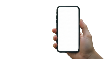 Hand holding smartphone with white screen in front of blurred botanical garden Isolated on Transparent Background