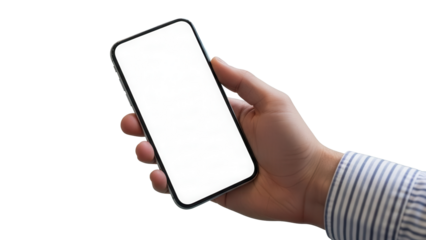 Hand holding smartphone with white display over modern glass coffee table Isolated on Transparent Background