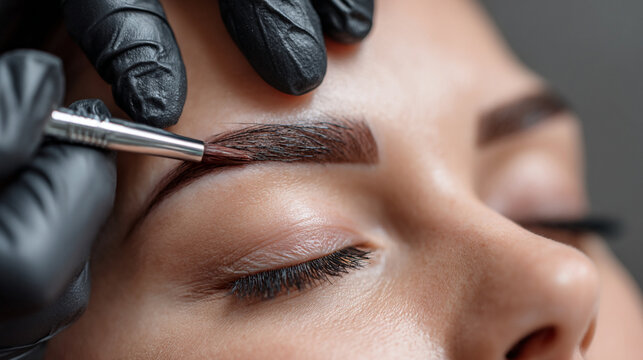 Professional beautician applying eyebrow tint with a brush with henna